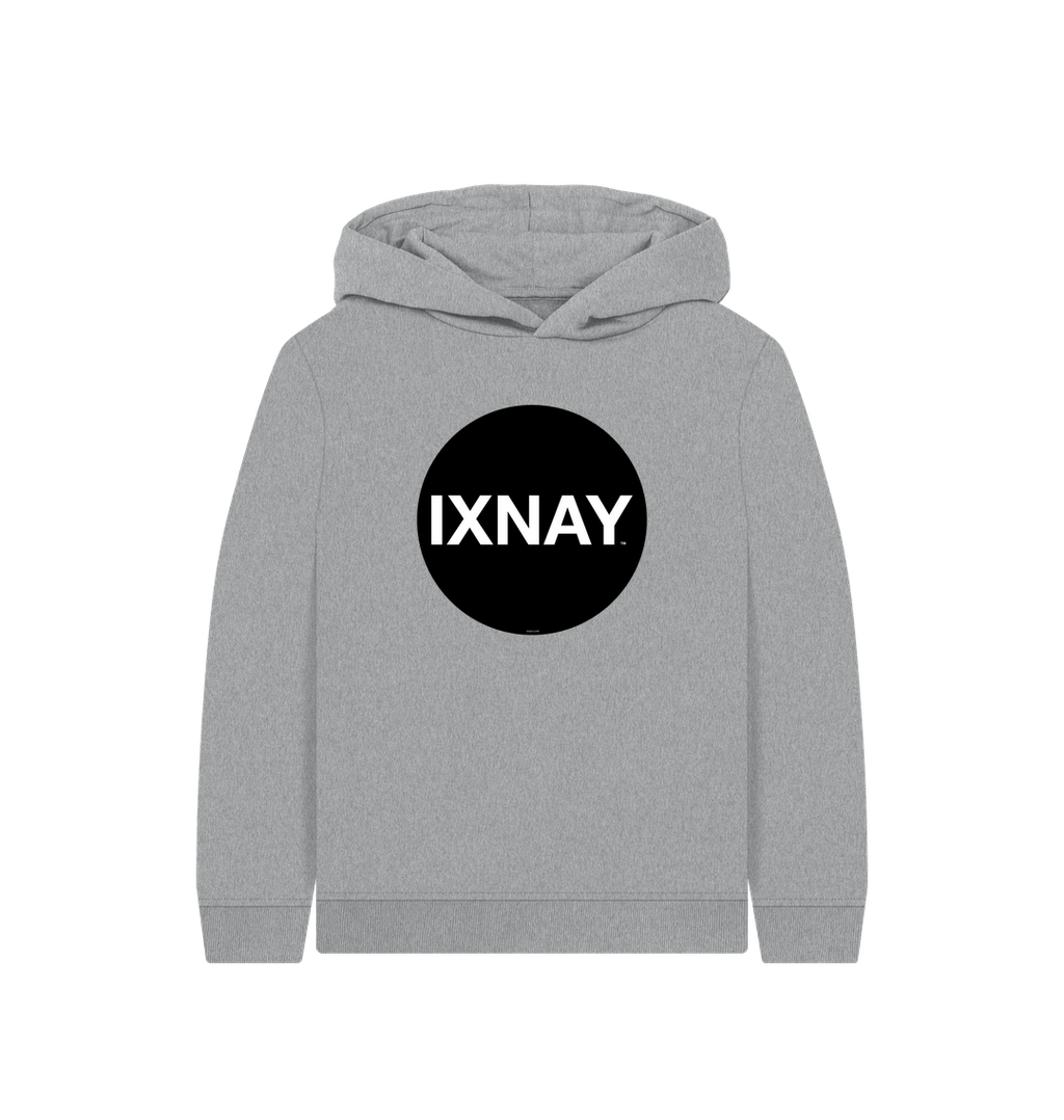 kids light gray heather organic relaxed fit pullover hoodie with original black round IXNAY logo