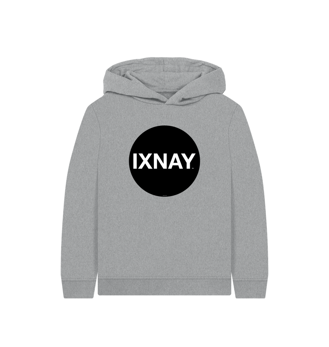 kids light gray heather organic relaxed fit pullover hoodie with original black round IXNAY logo