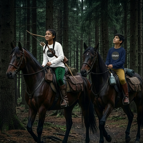Girl and boy wearing IXNAY Kids 100% Organic Cotton Long-Sleeve T-Shirts riding in an enchanted forest.