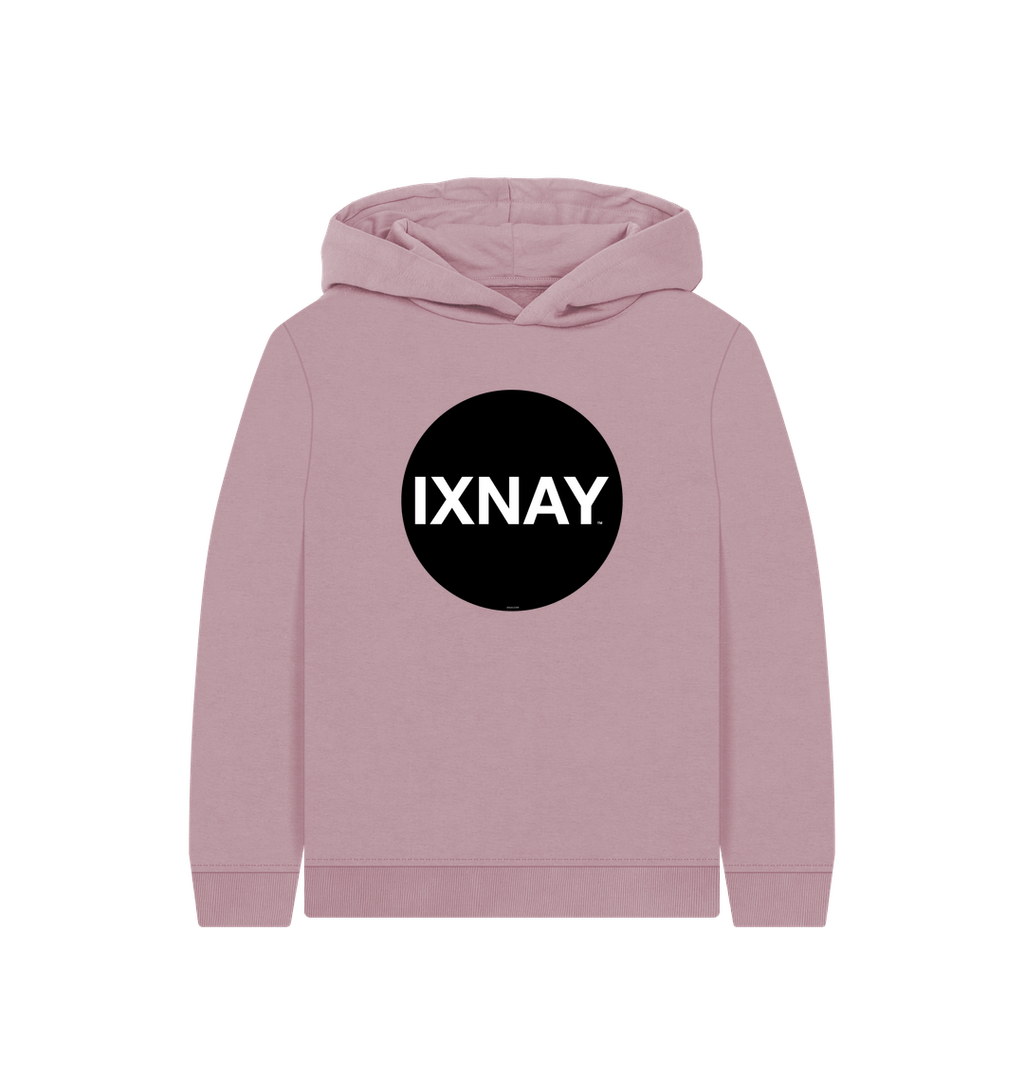 kids mauve pink organic relaxed fit pullover hoodie with original black round IXNAY logo