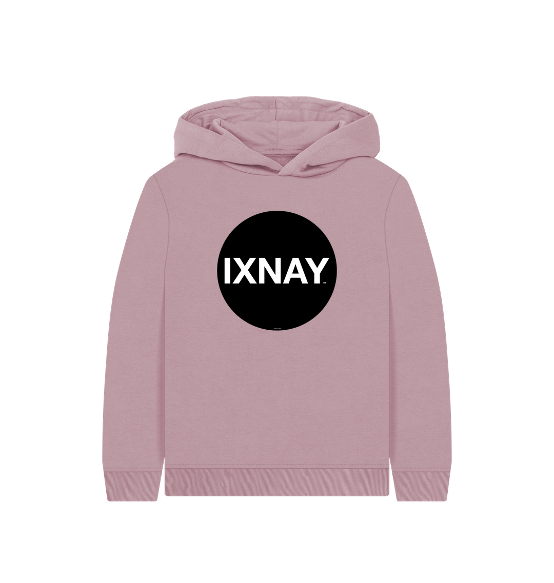 kids mauve pink organic relaxed fit pullover hoodie with original black round IXNAY logo