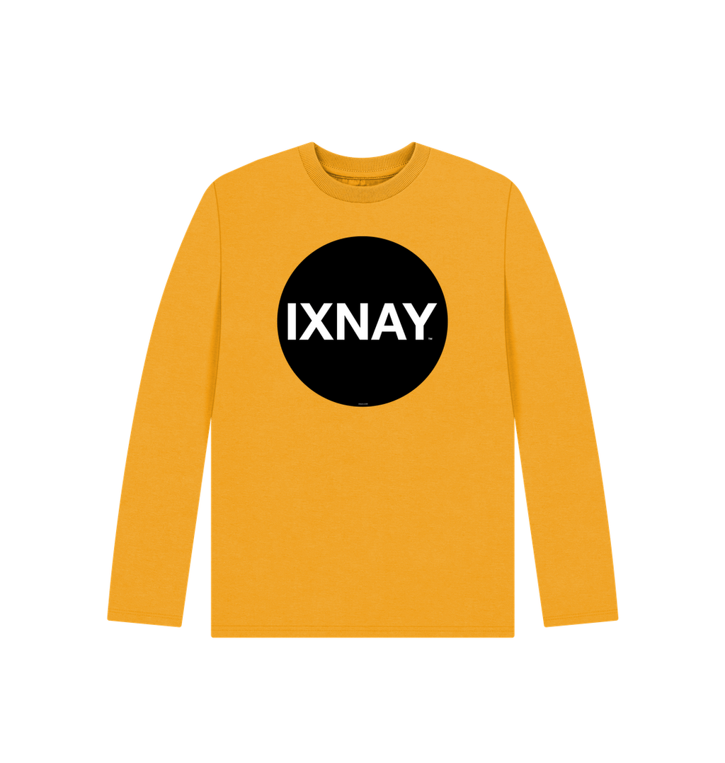Kids mustard yellow organic long-sleeved t-shirt with original black round IXNAY logo