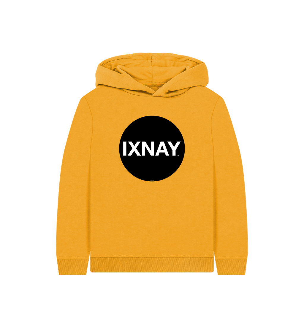 kids mustard yellow organic relaxed fit pullover hoodie with original black round IXNAY logo