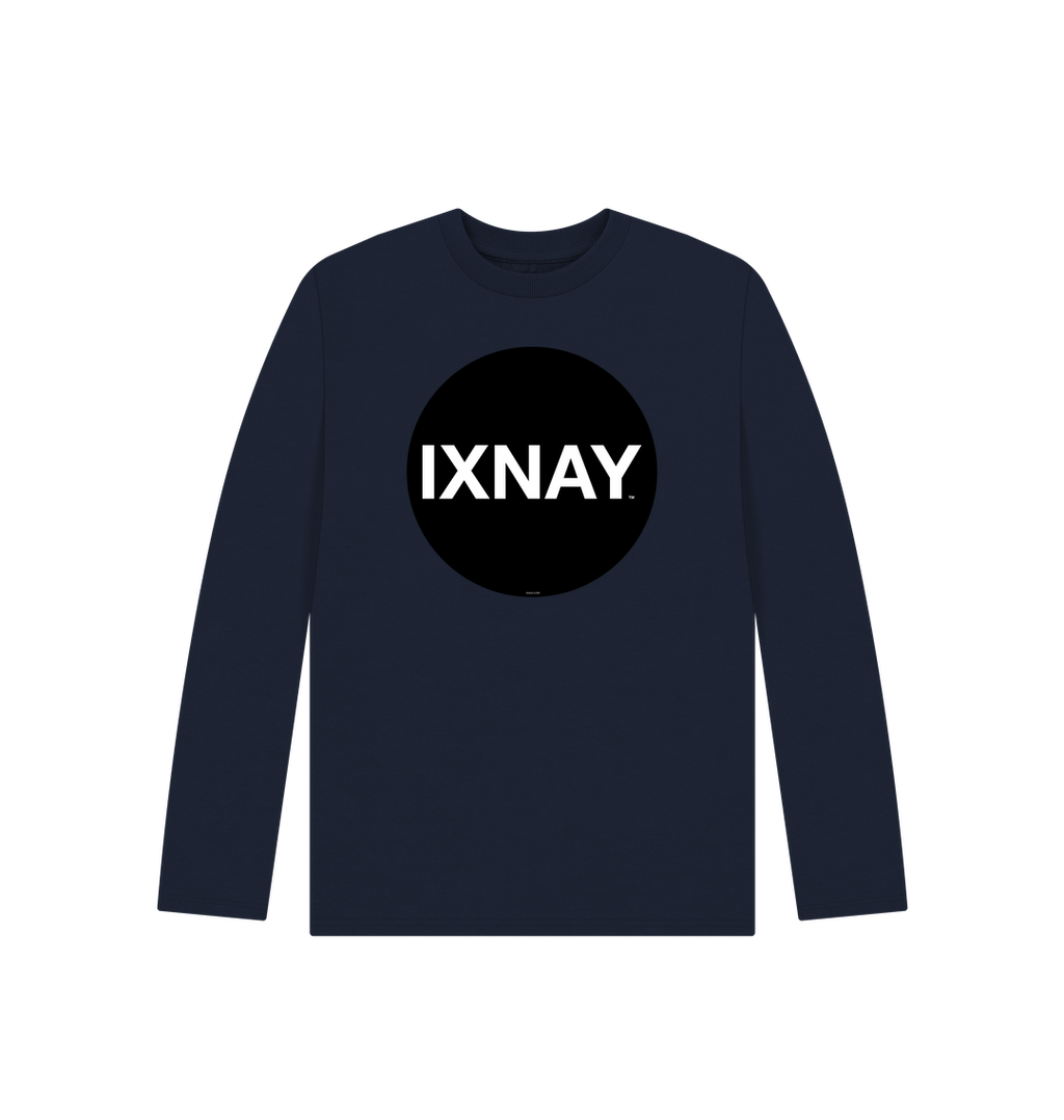 Kids navy blue organic long-sleeved t-shirt with original black round IXNAY logo