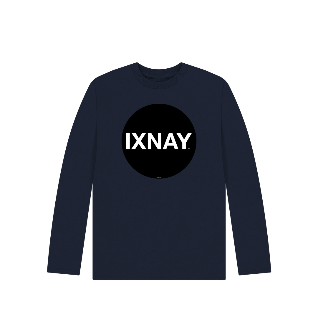 Kids navy blue organic long-sleeved t-shirt with original black round IXNAY logo