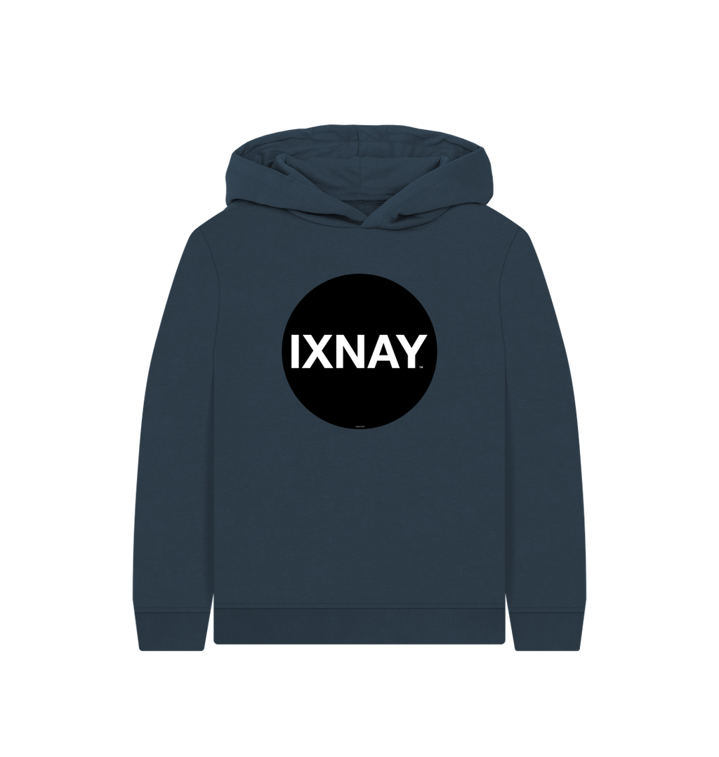 kids navy blue organic relaxed fit pullover hoodie with original black round IXNAY logo