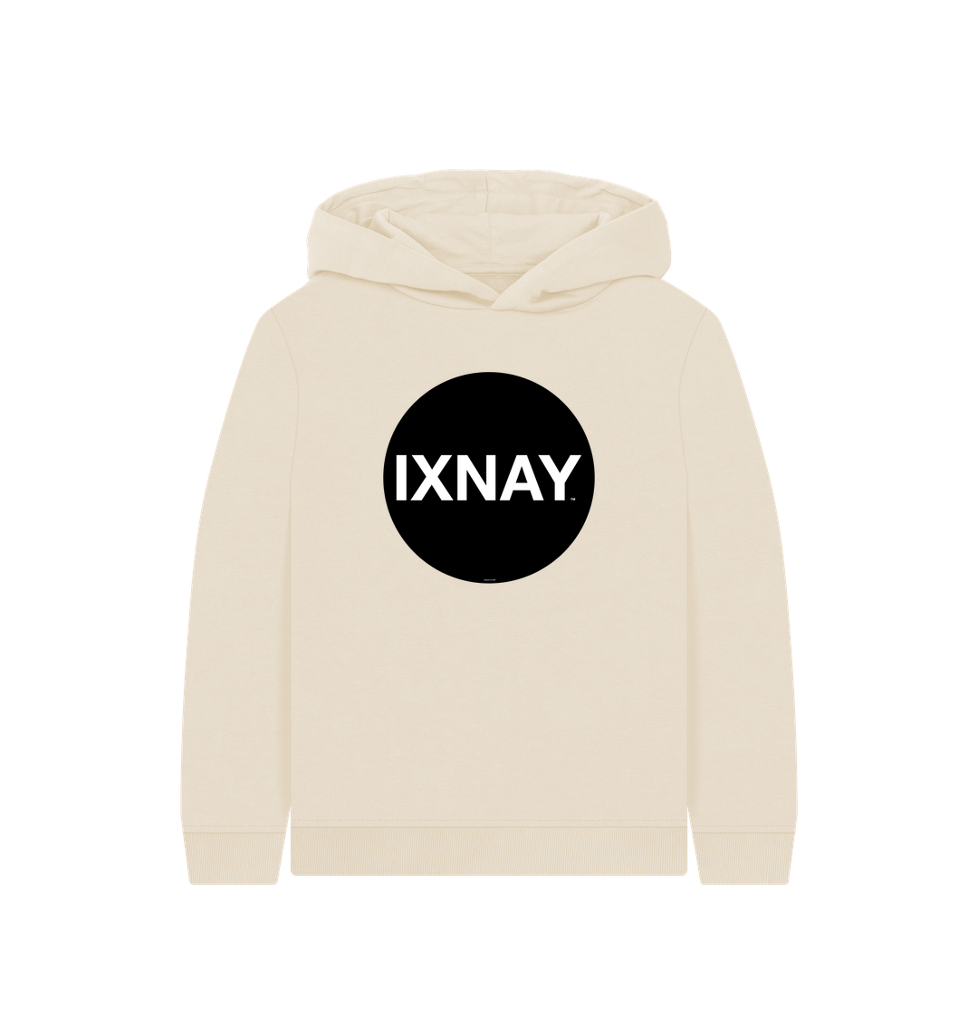 kids oat light beige organic relaxed fit pullover hoodie with original black round IXNAY logo