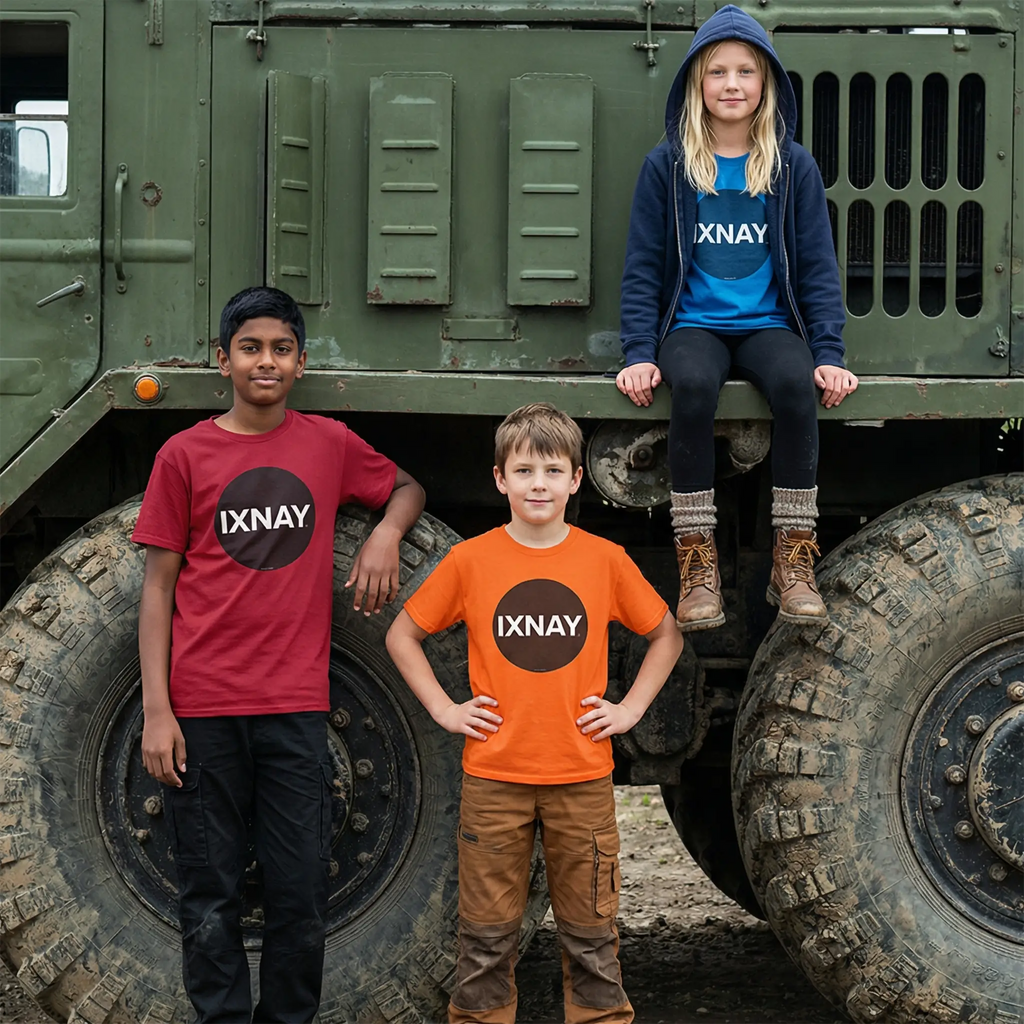 Kids on a secret ops mission wearing IXNAY Original Logo t-shirts in red, orange and blue riding multi-wheeled Soviet era military truck.