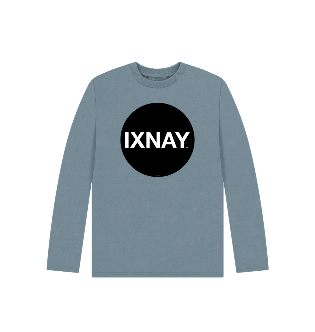 Kids stone blue organic long-sleeved t-shirt with original black round IXNAY logo