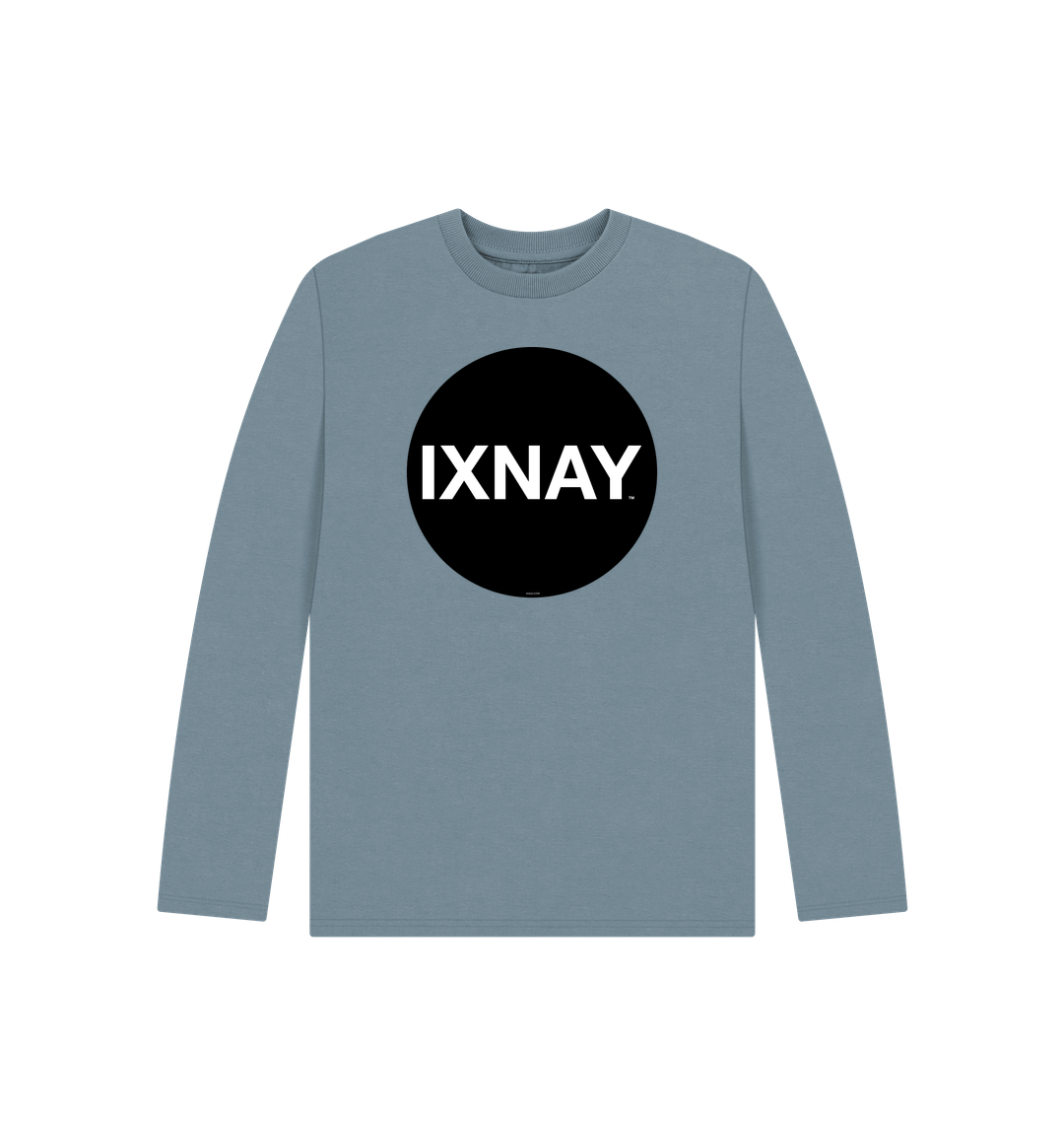 Kids stone blue organic long-sleeved t-shirt with original black round IXNAY logo