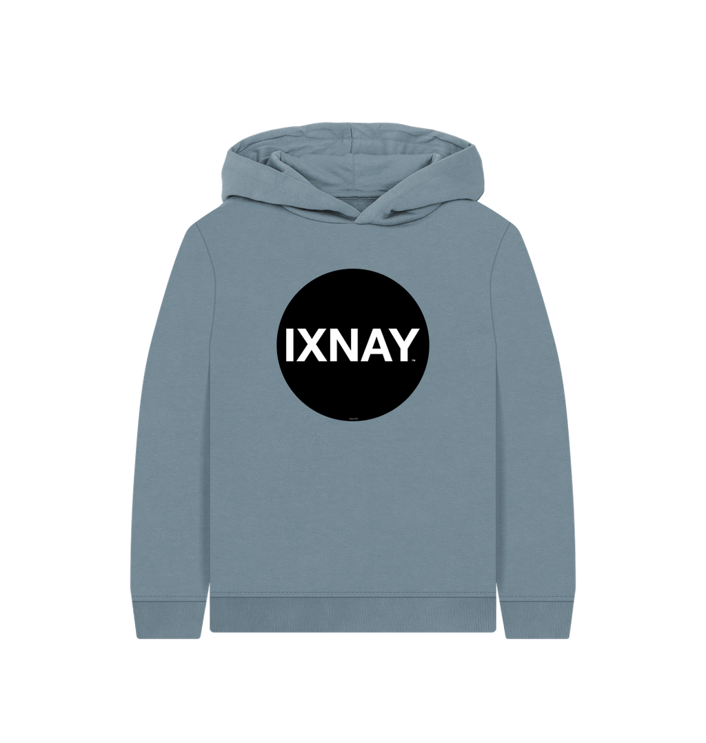 kids stone blue organic relaxed fit pullover hoodie with original black round IXNAY logo