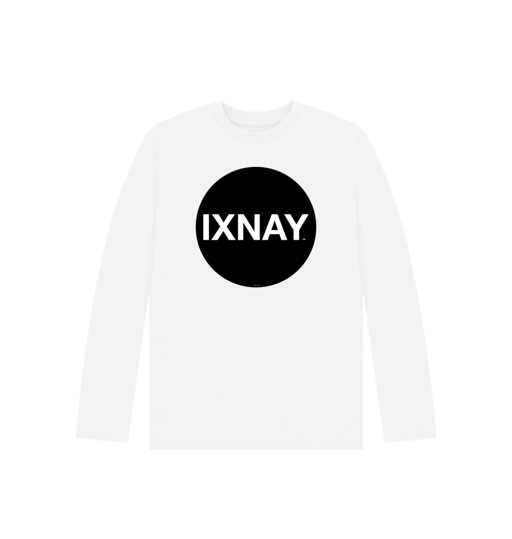 Kids white organic long-sleeved t-shirt with original black round IXNAY logo