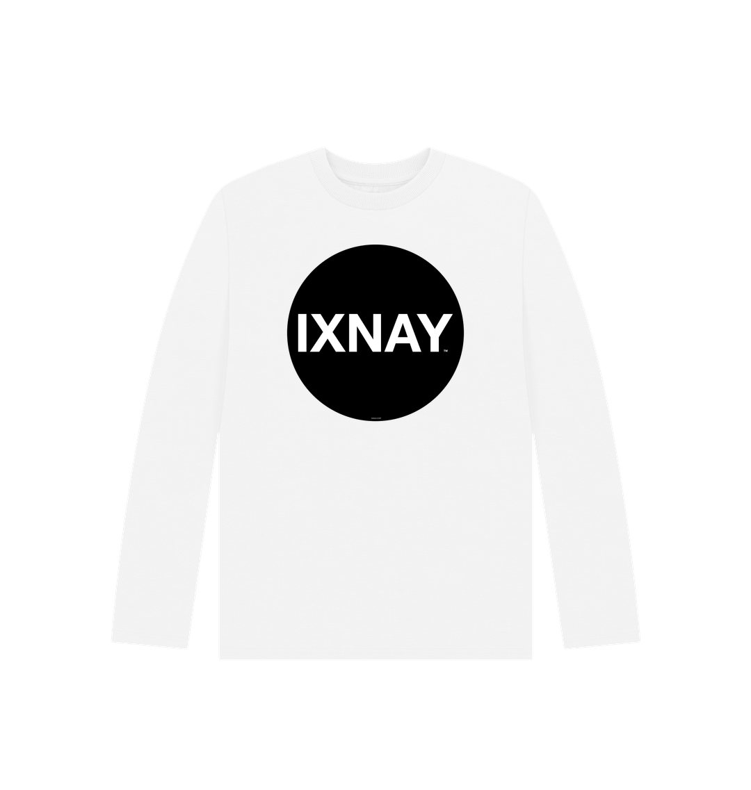 Kids white organic long-sleeved t-shirt with original black round IXNAY logo