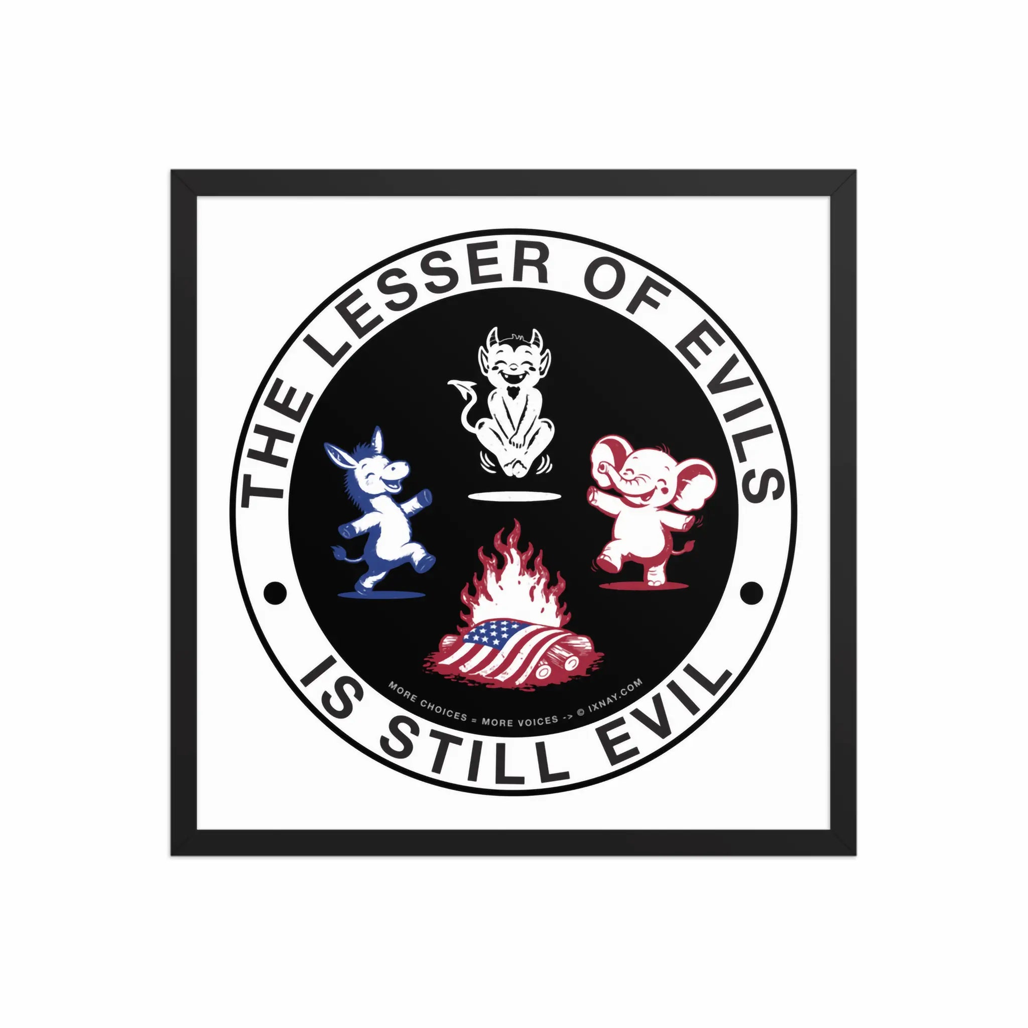 Circular logo with cartoon characters and text 'The Lesser of Evils is Still Evil' on a black background.