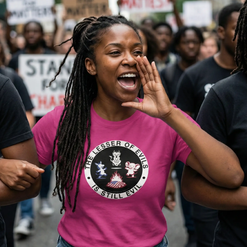 Women's Lesser of Evils is Still Evil IXNAY political tee in berry pink worn by woman at protest