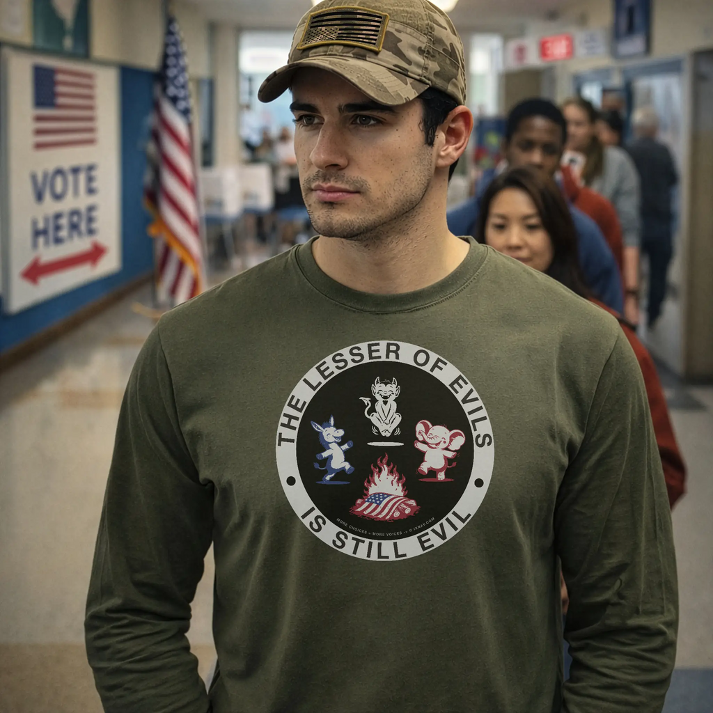 Veteran waiting in line to vote at his polling place wearing Men's IXNAY long-sleeve military green t-shirt with graphic lesser of evils is still evil printed on 100% cotton.