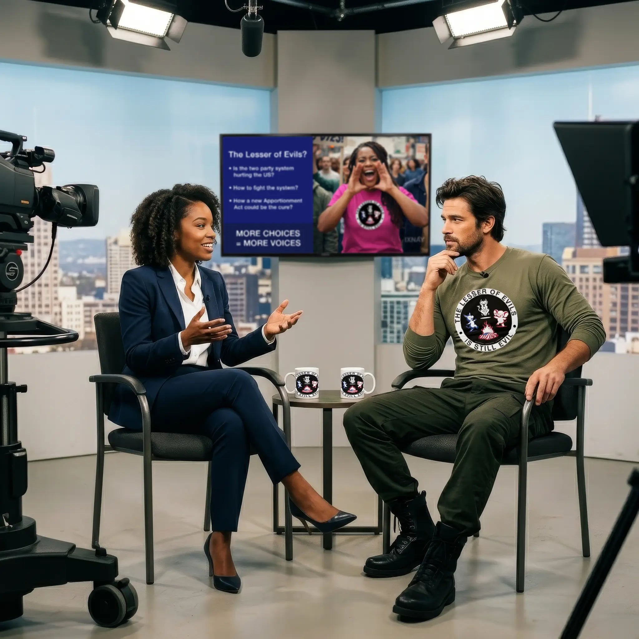Man wearing IXNAY t-shirt with The Lesser of Evils i sStill Evil graphic being interviewed by a female anchor about dangers of a 2-party system while sitting in a newsroom tv studio. 