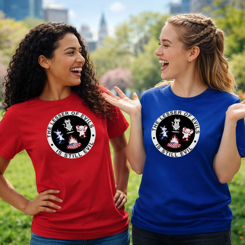 Women's Lesser of Evils is Still Evil IXNAY political tee with two friends opposing sides agree