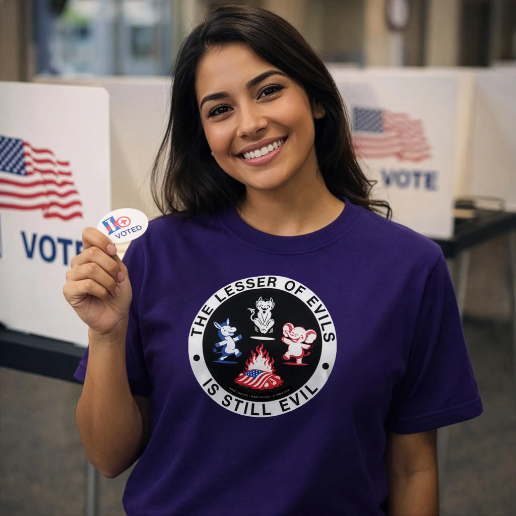 Woman who just voted wearing IXNAY women's purple short-sleeve t-shirt with graphic lesser of evils is still evil printed on 100% cotton.