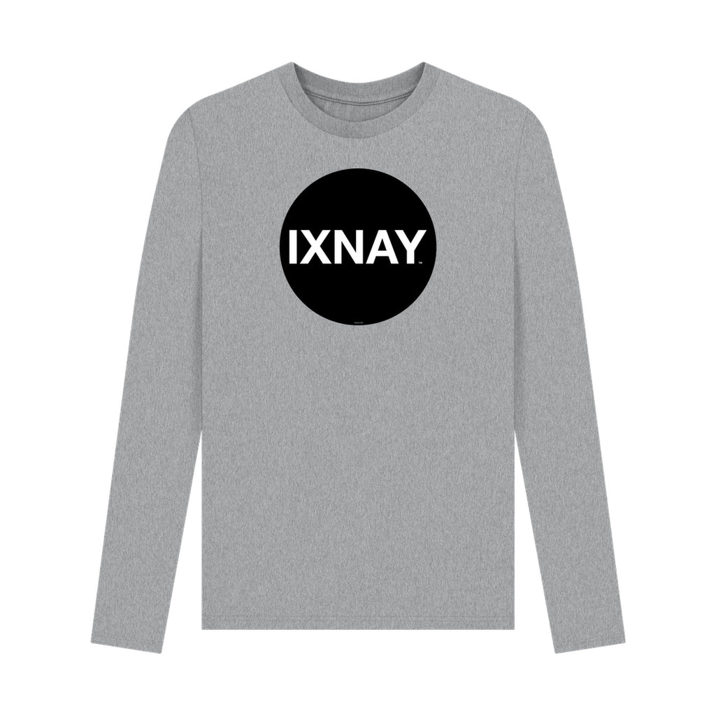 Gray long-sleeve t-shirt with a black circle and 'IXNAY' text on a white background