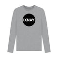 Gray long-sleeve t-shirt with a black circle and 'IXNAY' text on a white background