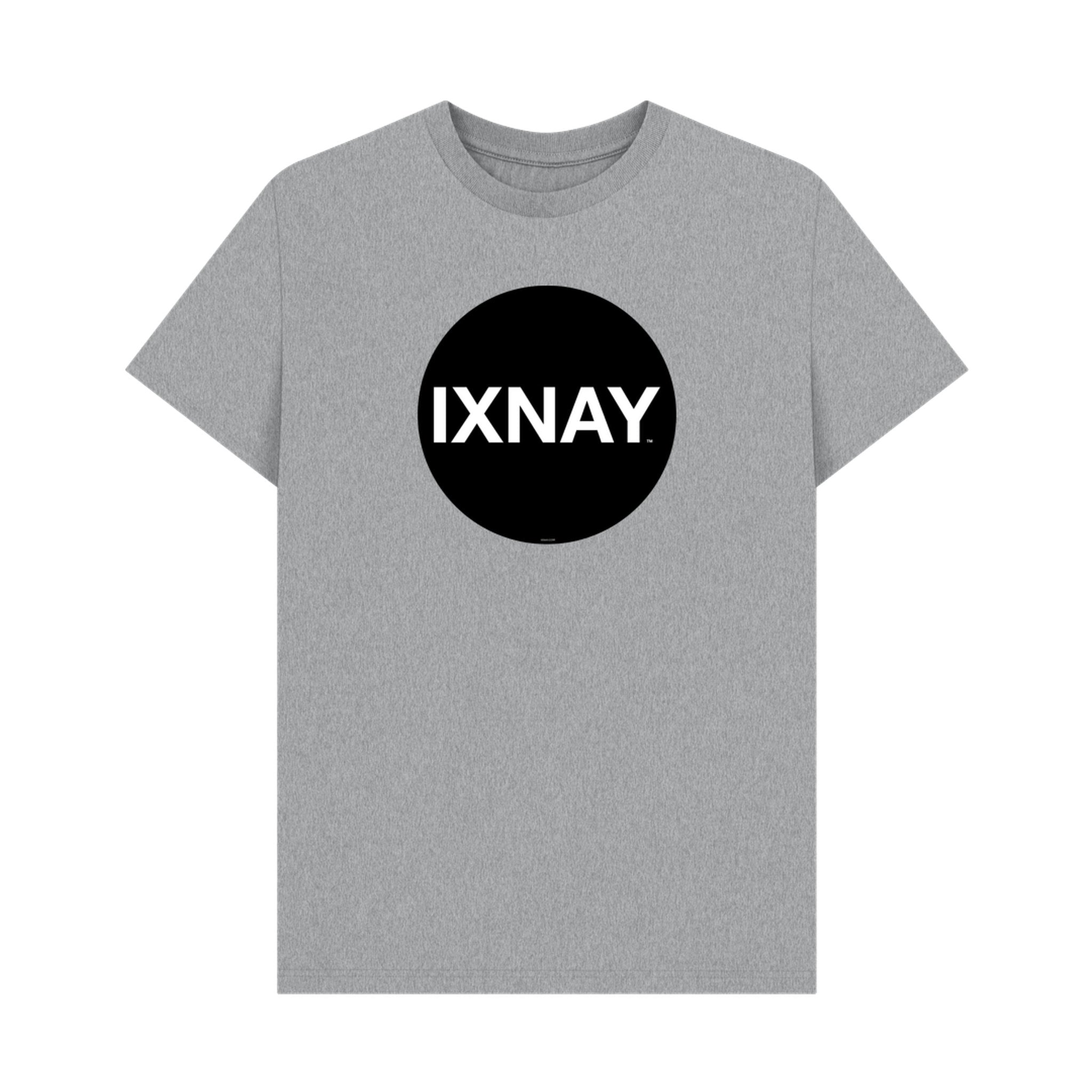 Gray t-shirt with a black circle and 'IXNAY' text on a white background