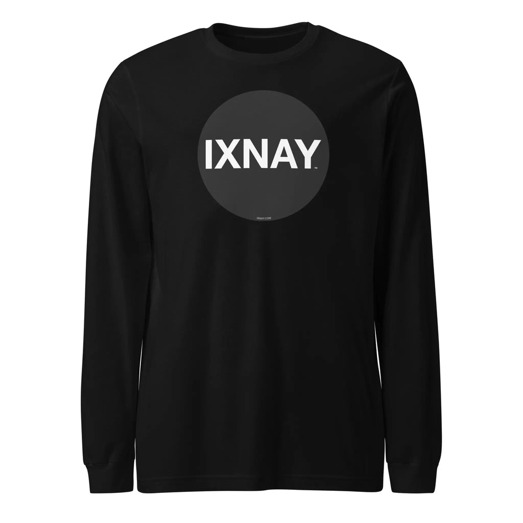 Black long-sleeve t-shirt with 'IXNAY' logo on a white background