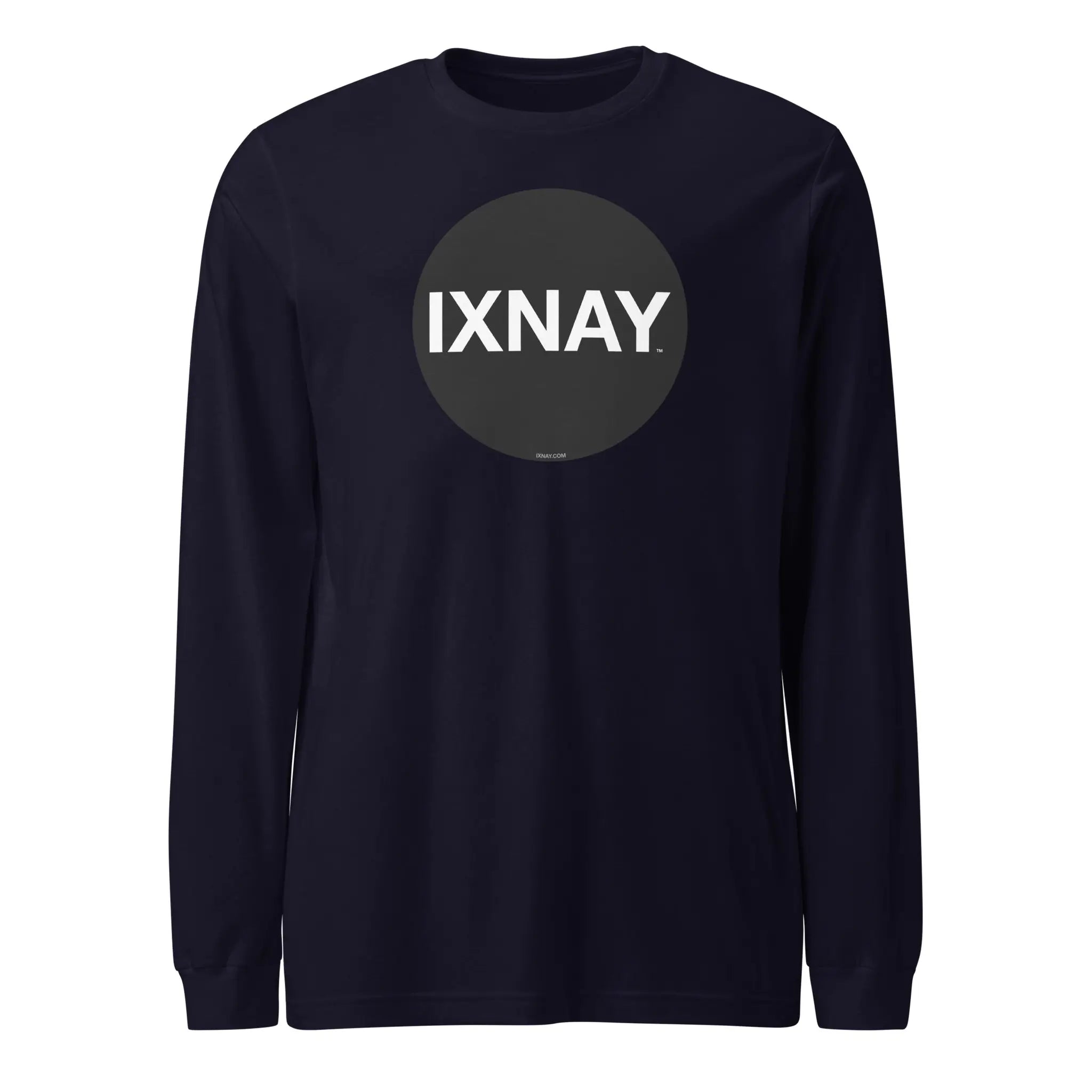 navy blue long-sleeve t-shirt with 'IXNAY' logo on a white background