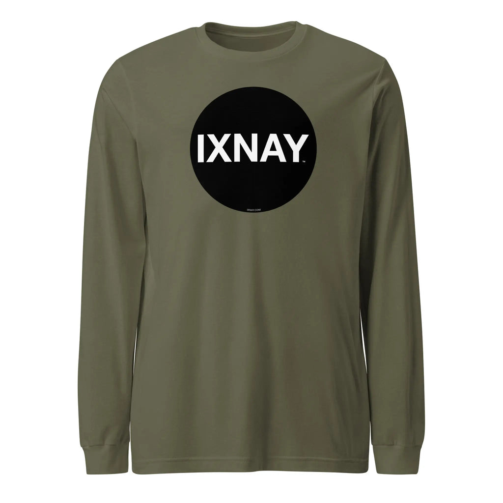 Olive green long-sleeve t-shirt with a black circle and 'IXNAY' text on a white background