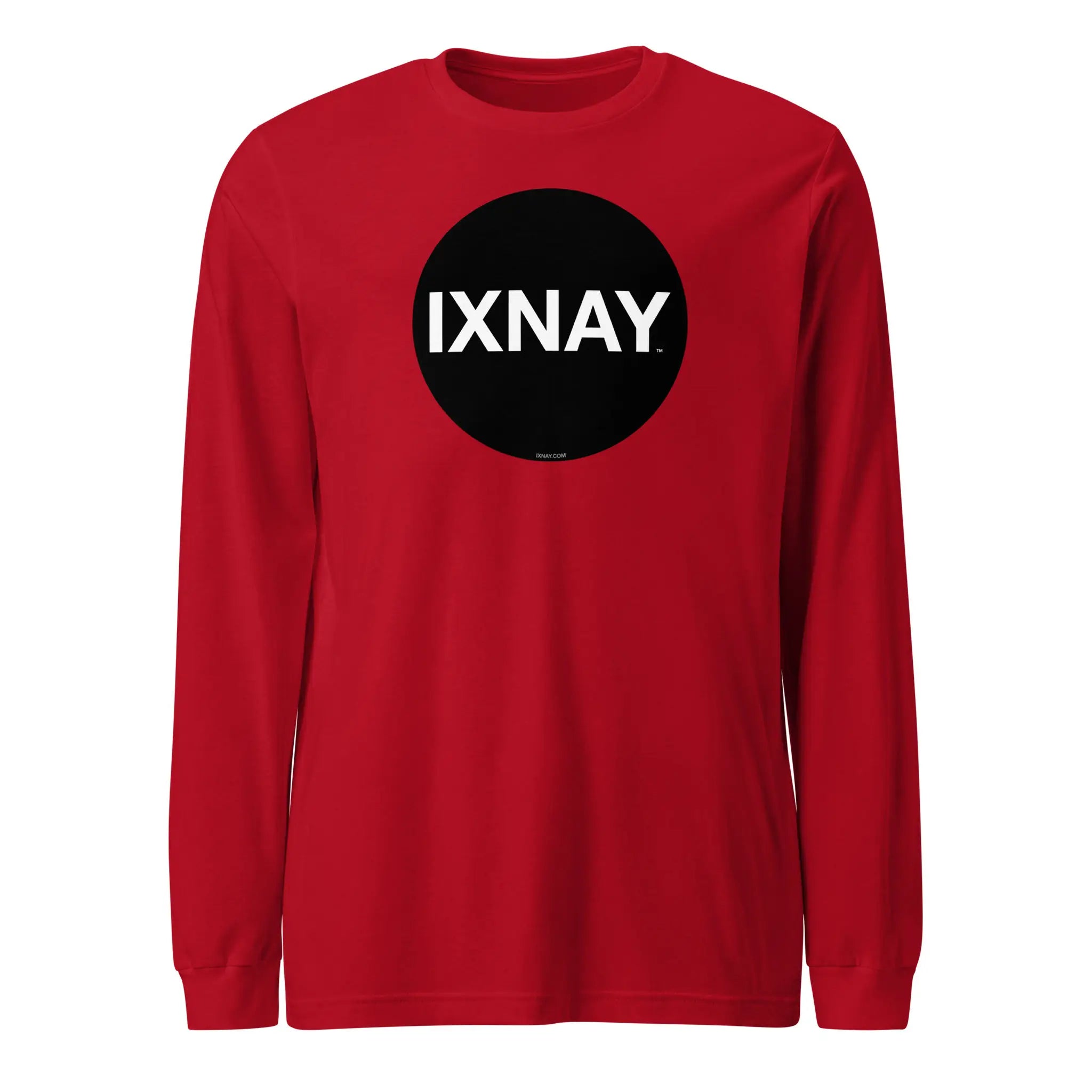 Red long-sleeve t-shirt with a black circle and 'IXNAY' text on a white background