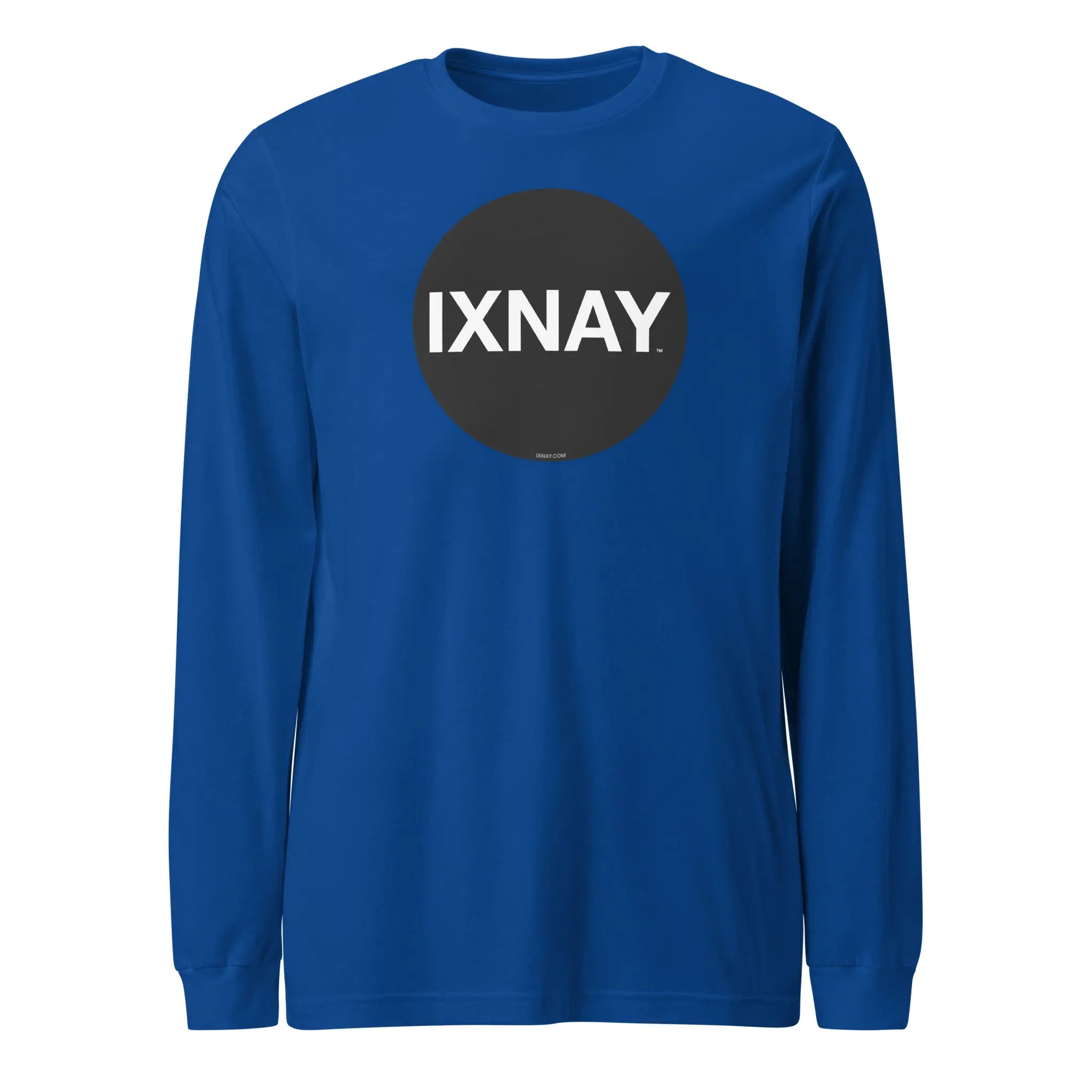 Blue long-sleeve t-shirt with 'IXNAY' logo on a white background
