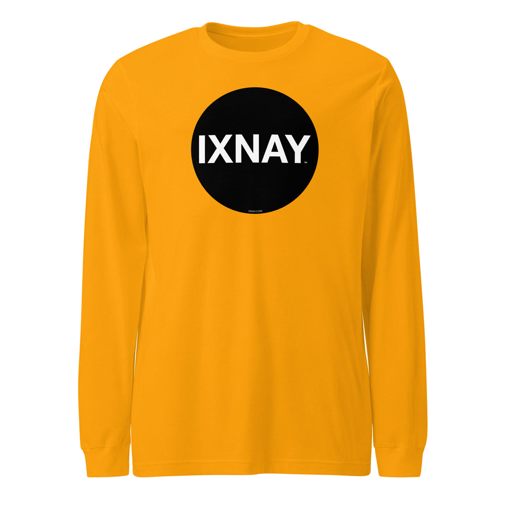 Yellow long-sleeve shirt with a black circle and 'IXNAY' text on a white background