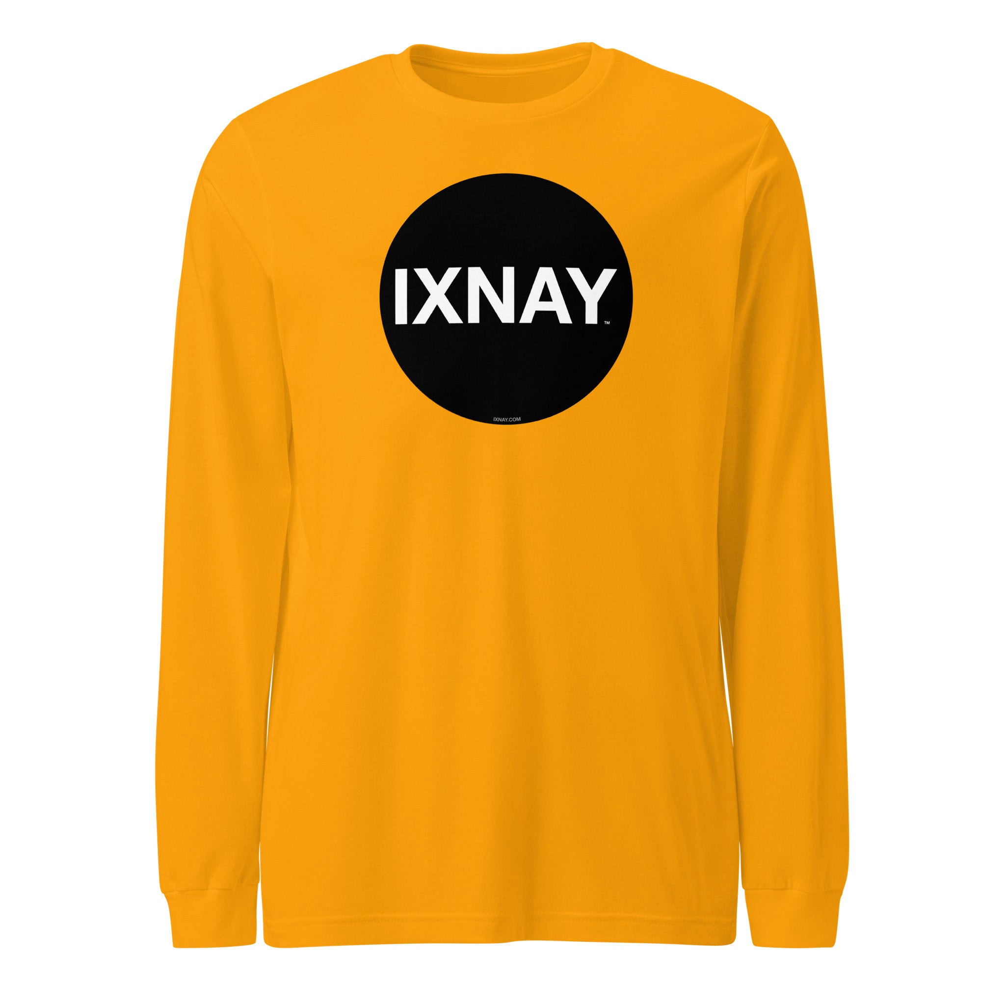 Yellow long-sleeve shirt with a black circle and 'IXNAY' text on a white background