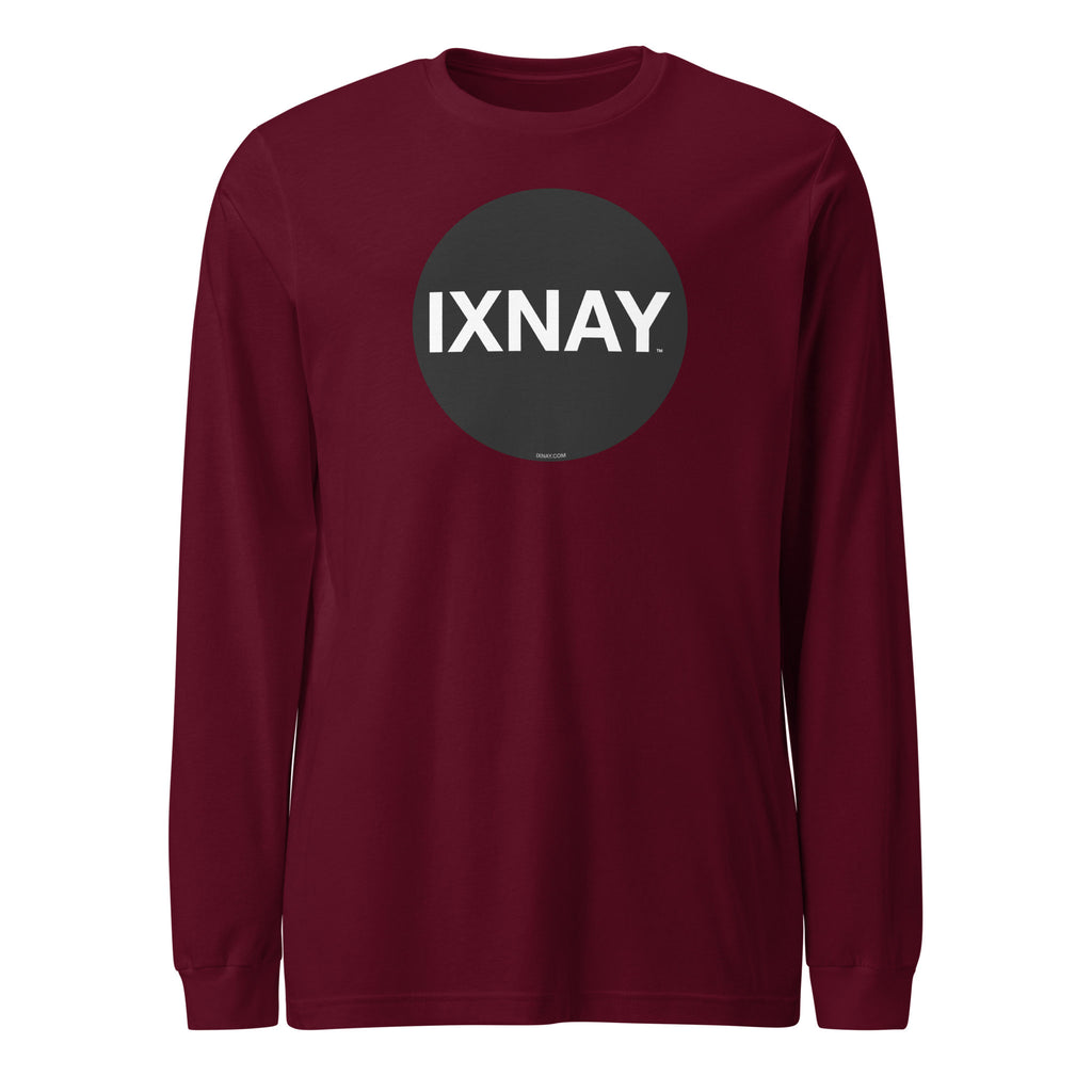 Maroon long-sleeve shirt with 'IXNAY' logo on a white background