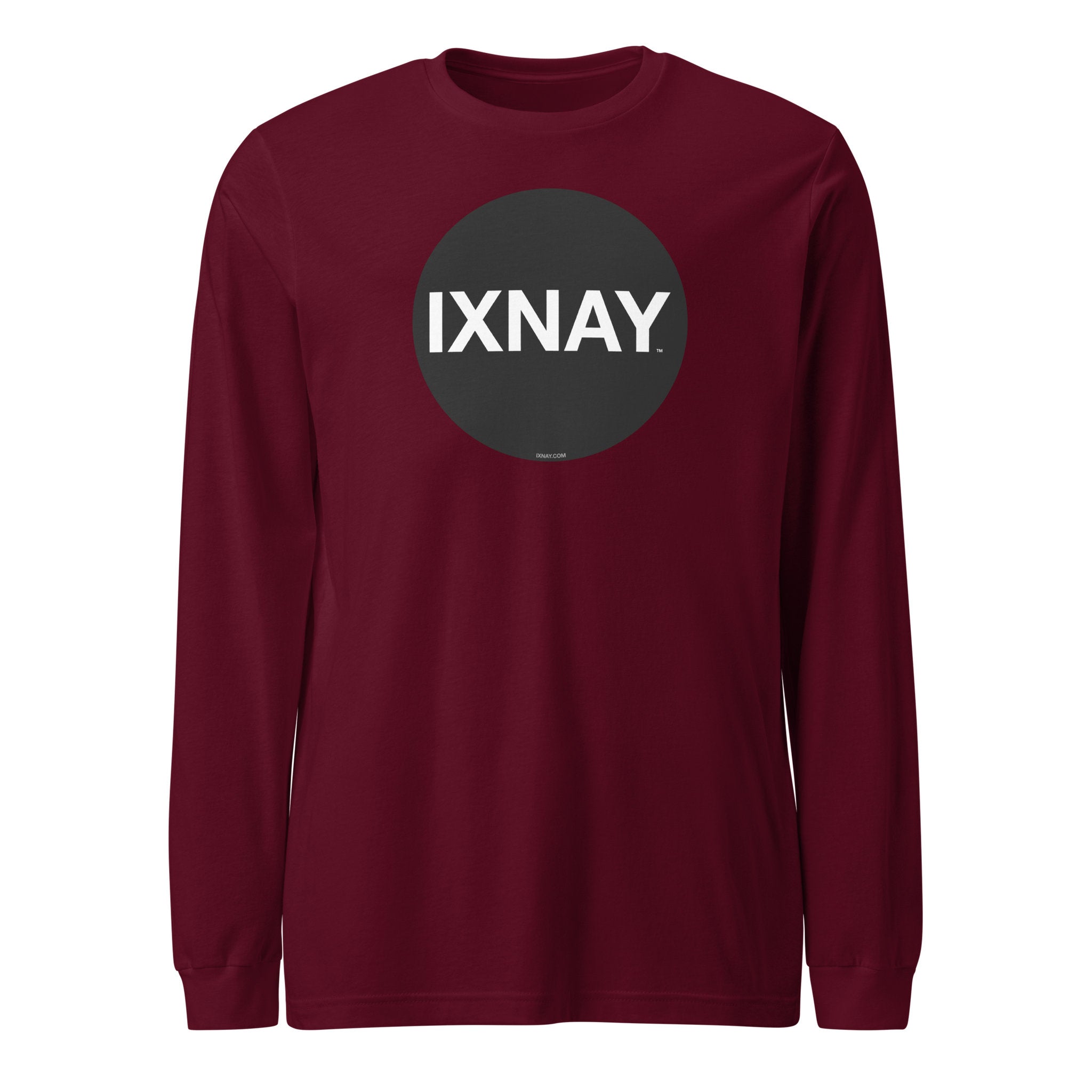 Maroon long-sleeve shirt with 'IXNAY' logo on a white background