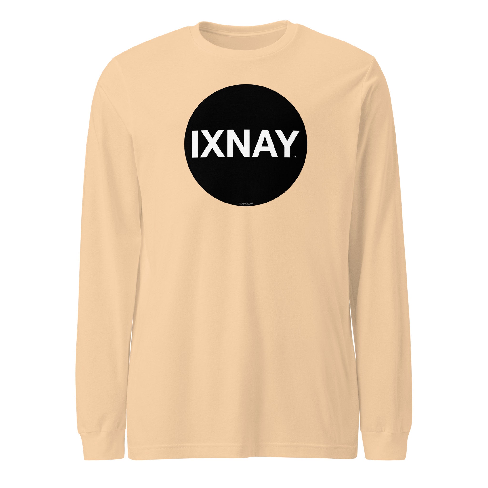 Beige long-sleeve shirt with a black circle and 'IXNAY' text on a white background