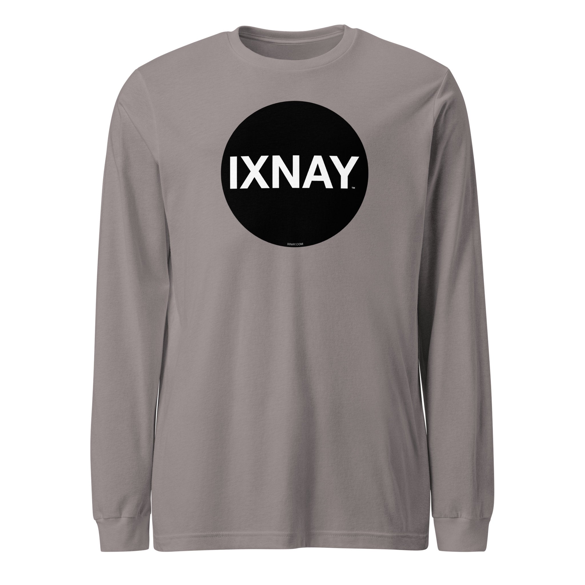 Gray long-sleeve shirt with a black circle and 'IXNAY' text on a white background
