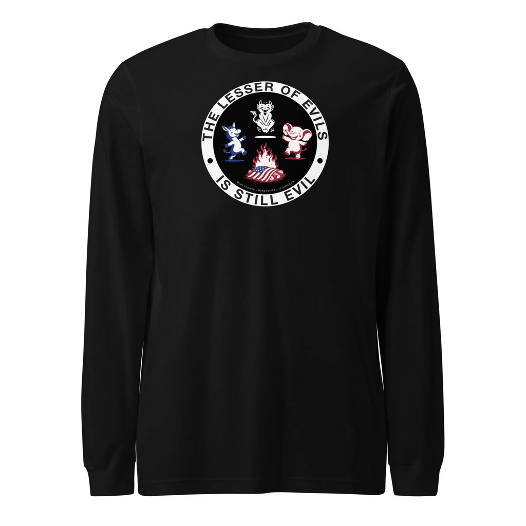 Men's IXNAY long-sleeve black t-shirt with graphic lesser of evils is still evil printed on 100% cotton.
