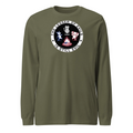 Men's IXNAY long-sleeve military green t-shirt with graphic lesser of evils is still evil printed on 100% cotton.