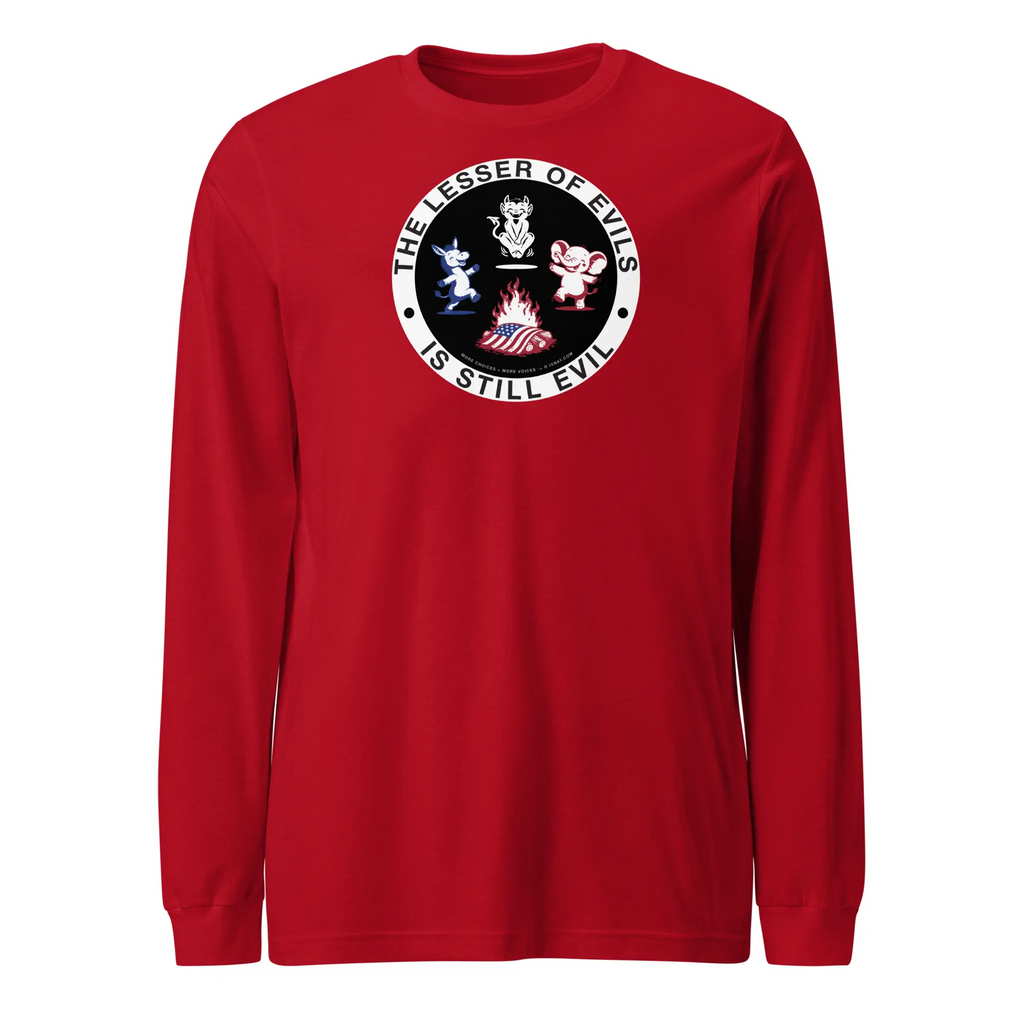 Men's IXNAY long-sleeve red t-shirt with graphic lesser of evils is still evil printed on 100% cotton.