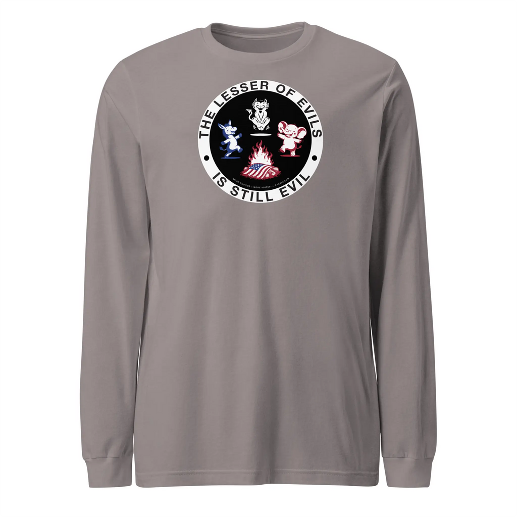 Men's IXNAY long-sleeve storm gray t-shirt with graphic lesser of evils is still evil printed on 100% cotton.