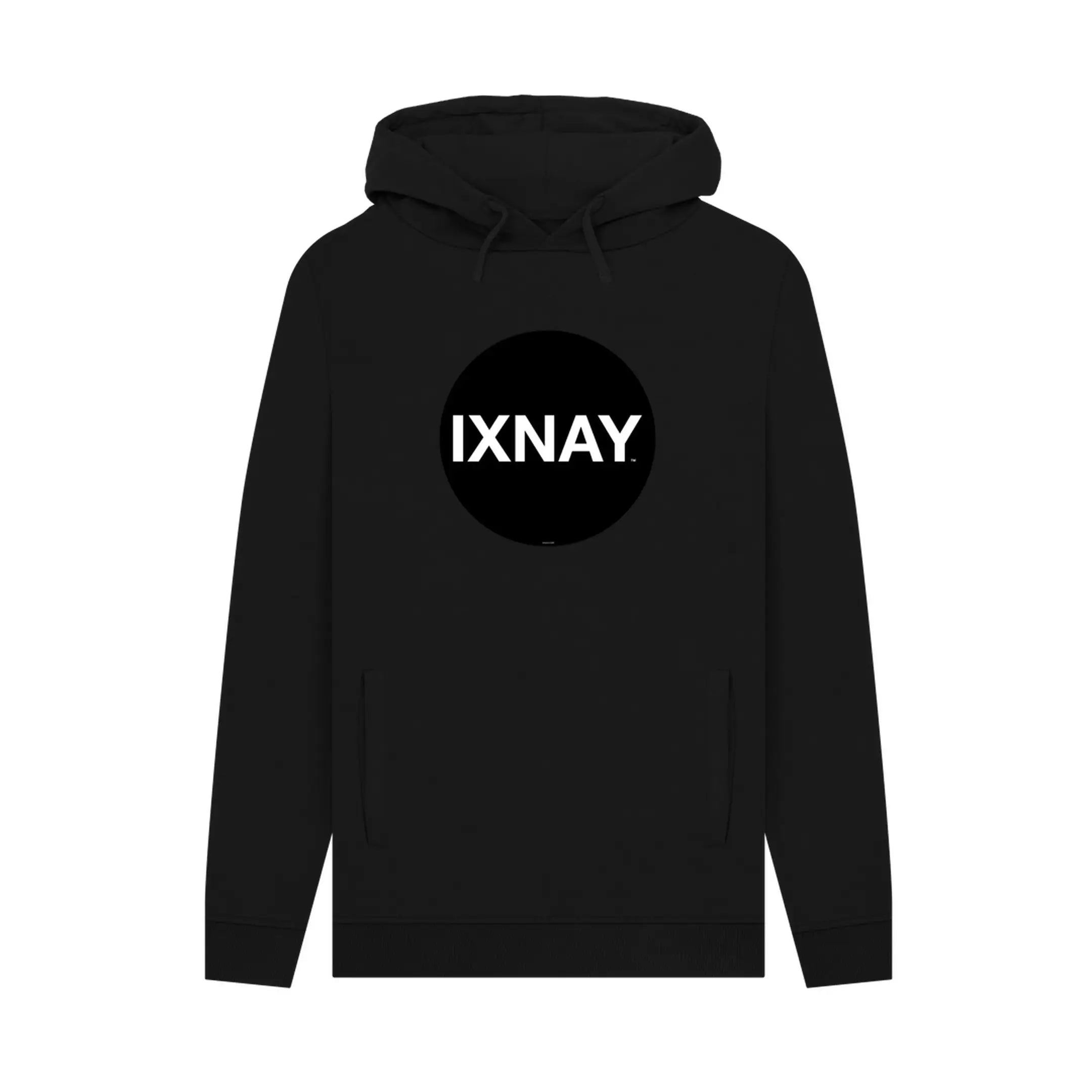 Black hoodie, 100% organic cotton, with a black circle 'IXNAY' logo on a white background.