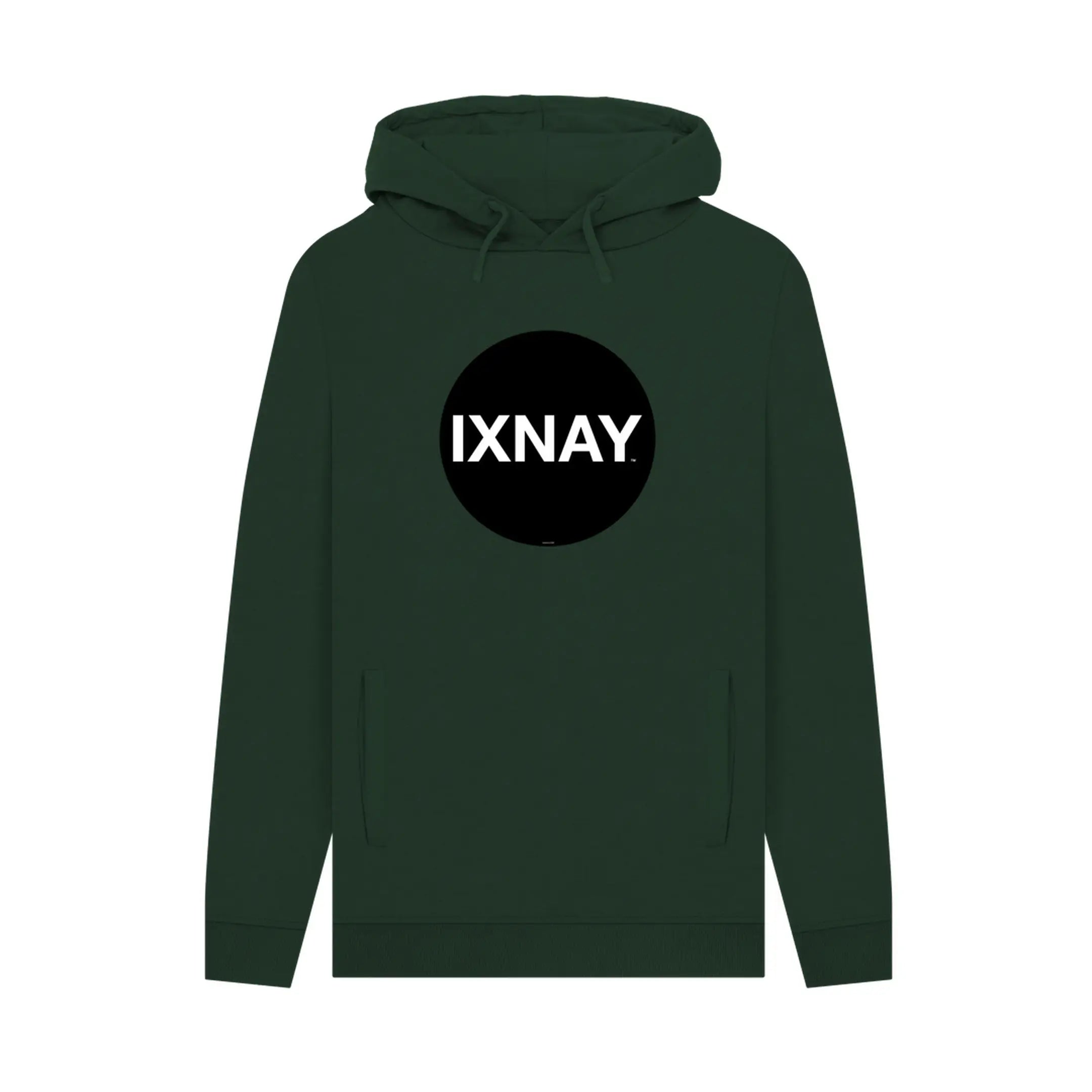 Green hoodie, 100% organic cotton, with a black circle 'IXNAY' logo on a white background.