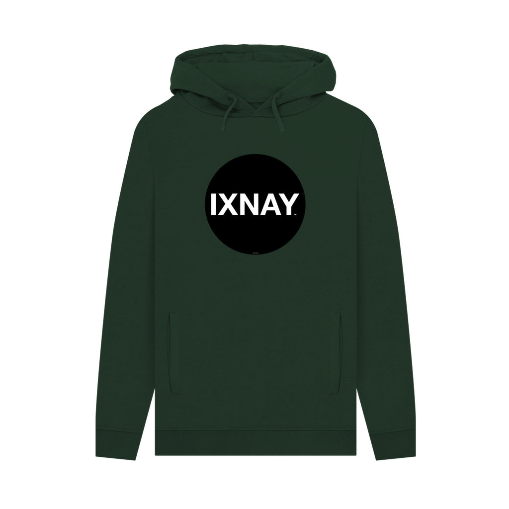 Green hoodie with a black circle featuring 'IXNAY' text on a white background