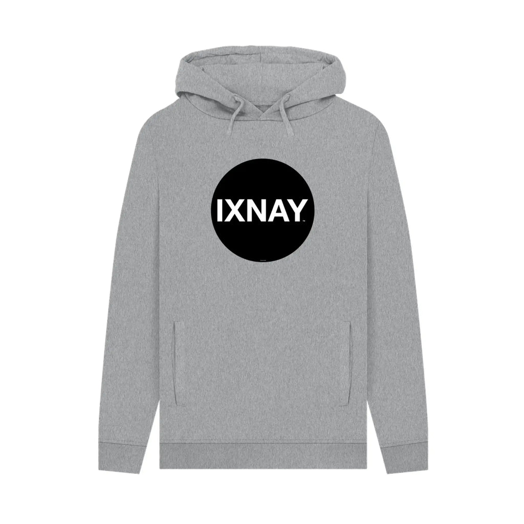 Heather gray hoodie, 100% organic cotton, with a black circle 'IXNAY' logo on a white background.