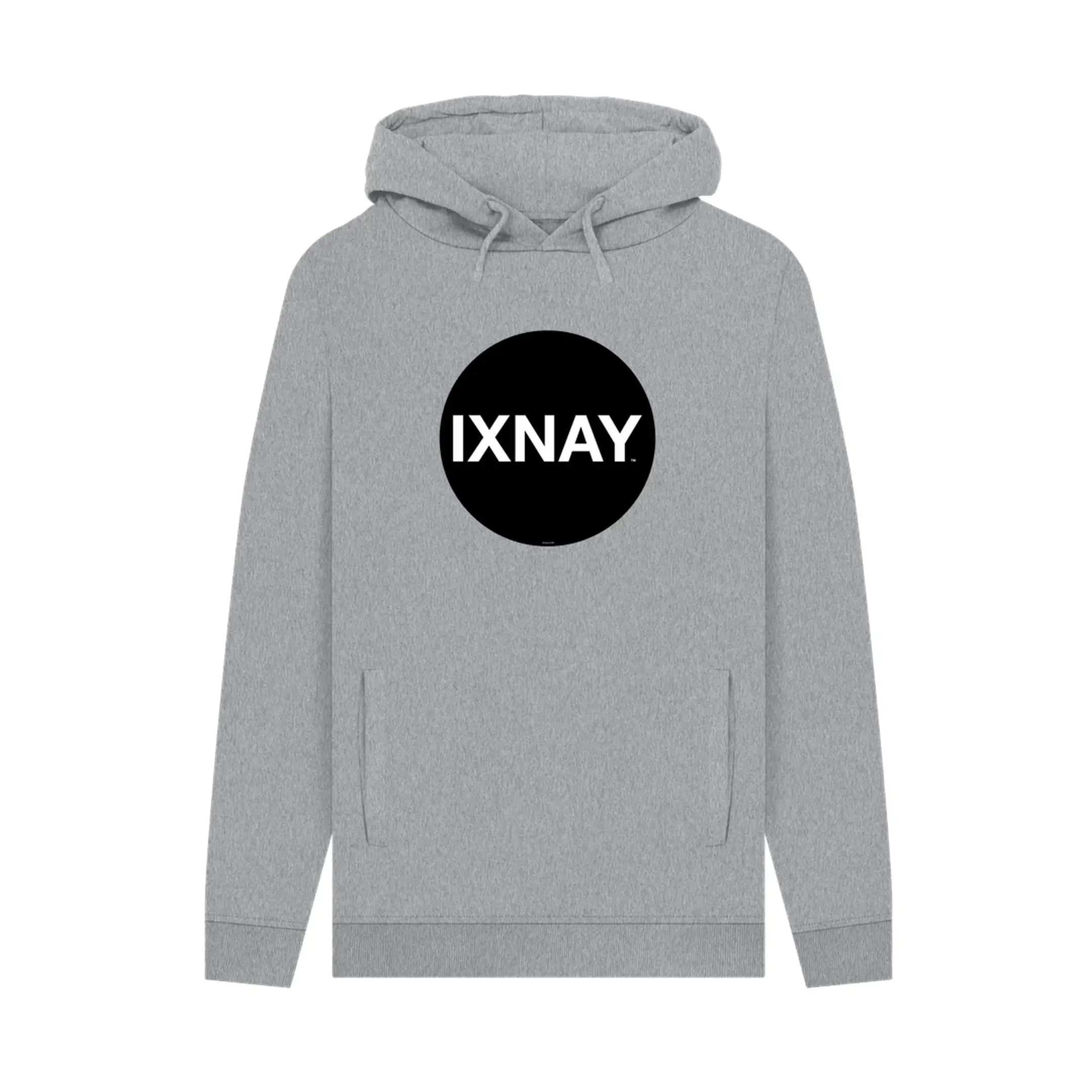 Heather gray hoodie, 100% organic cotton, with a black circle 'IXNAY' logo on a white background.