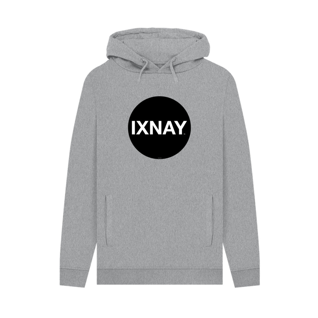 Gray hoodie with a black circle and 'IXNAY' text on a white background