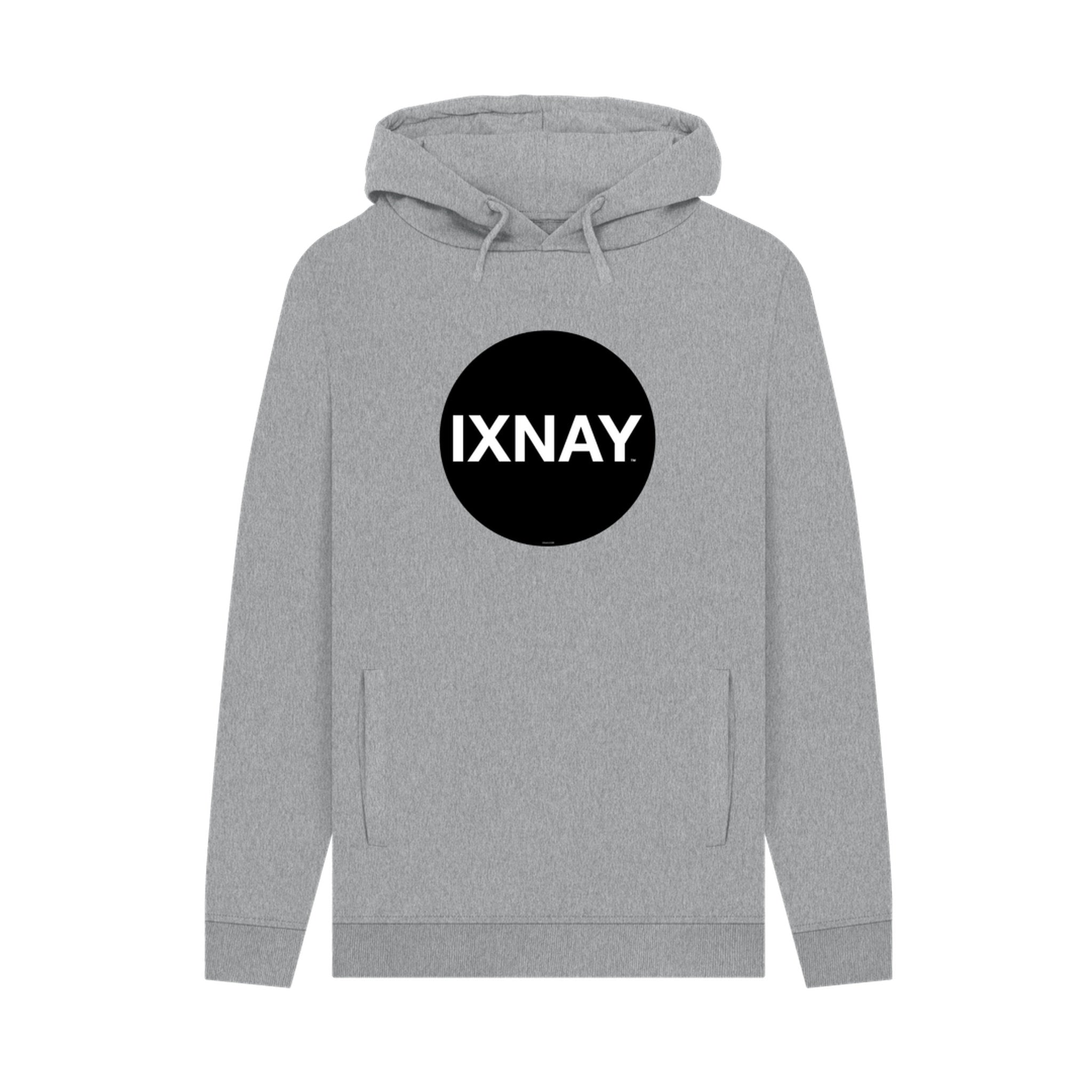 Gray hoodie with a black circle and 'IXNAY' text on a white background