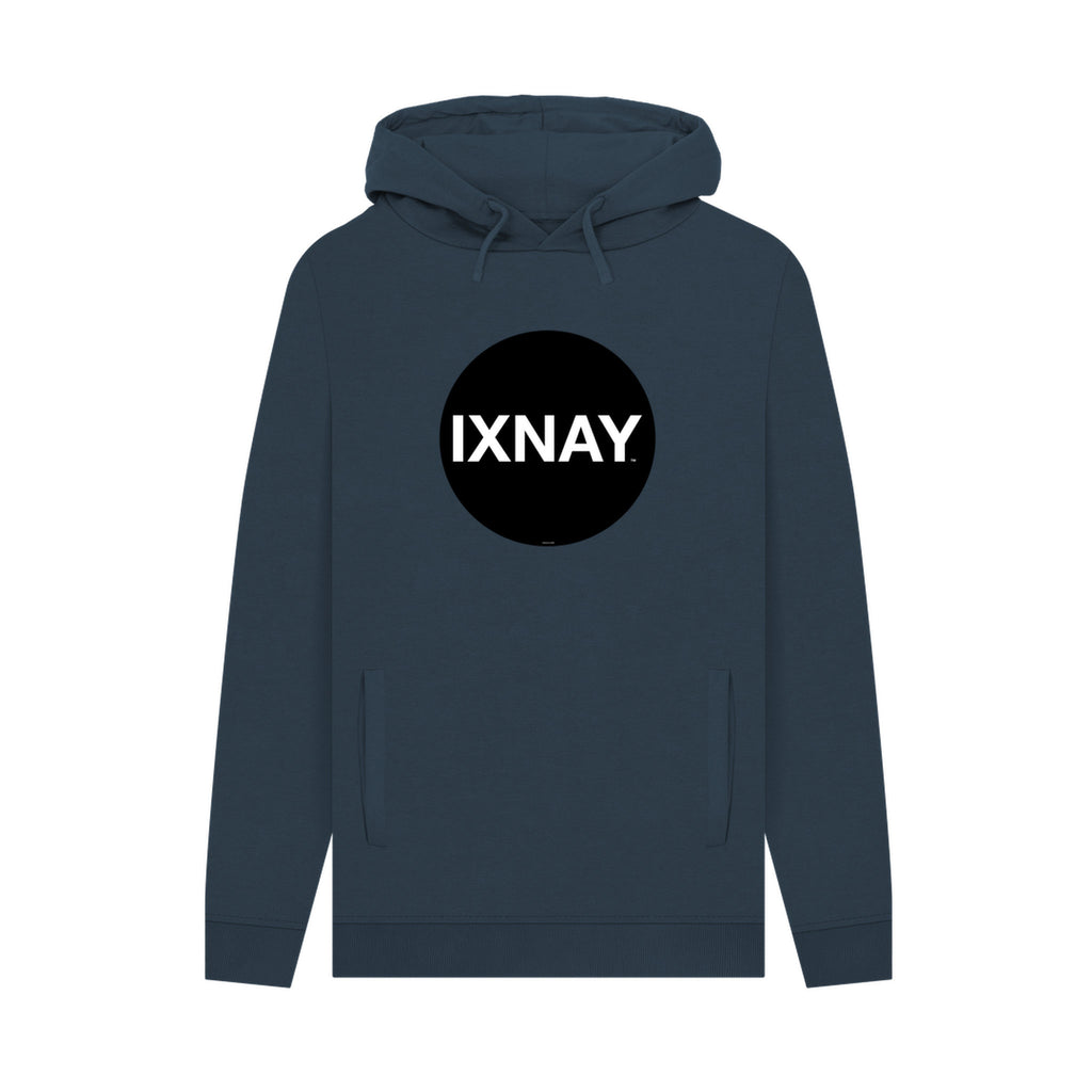 Navy blue hoodie with a black circle featuring 'IXNAY' text on a white background