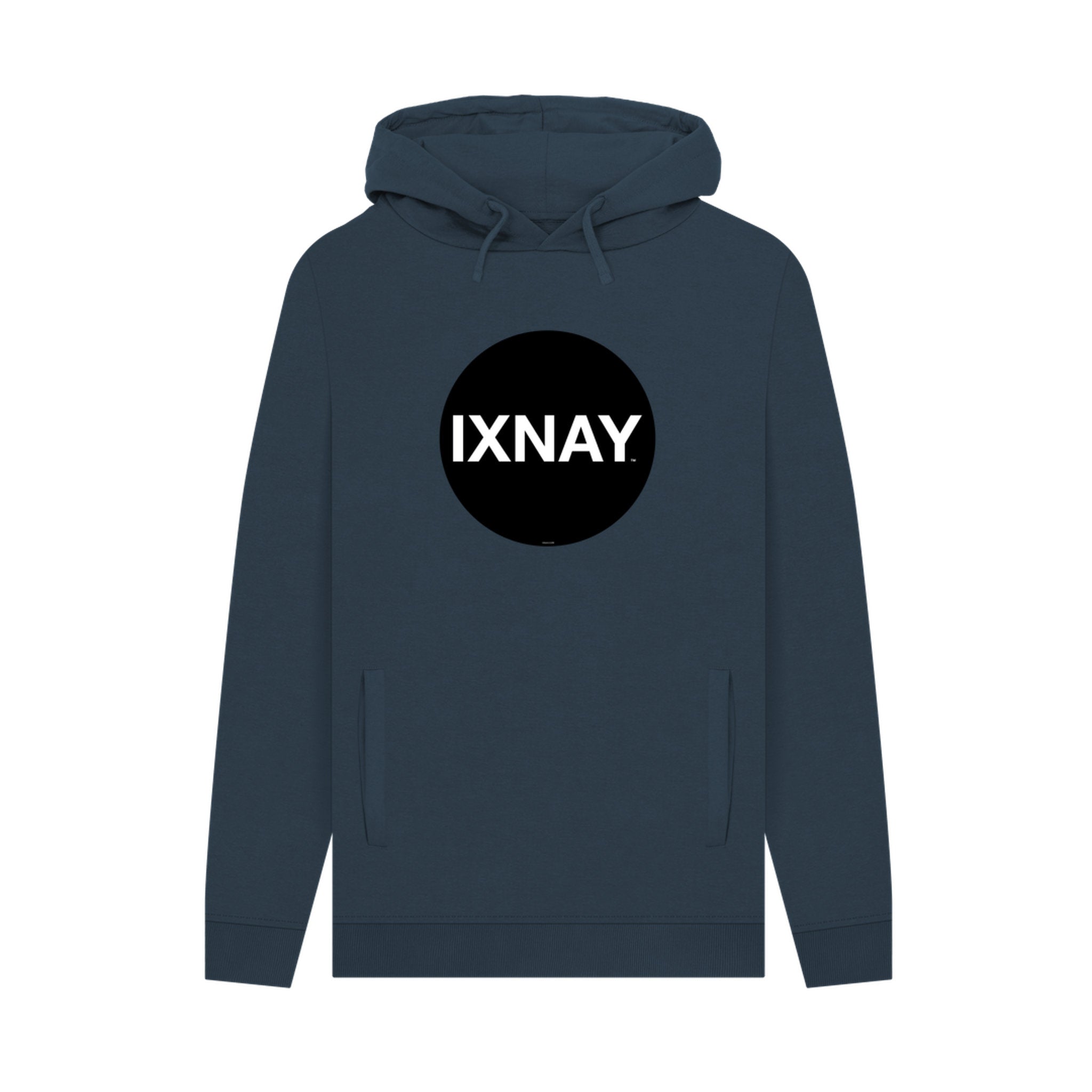 Navy blue hoodie with a black circle featuring 'IXNAY' text on a white background
